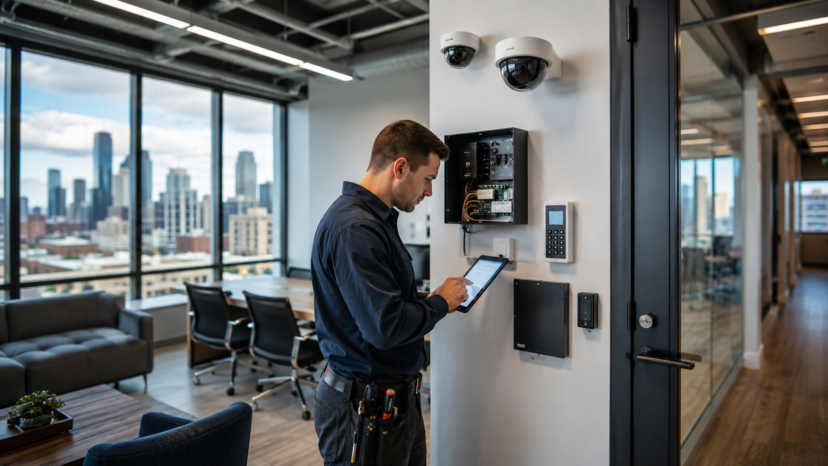 Chicago Security Technician Installing Commercial Alarm System