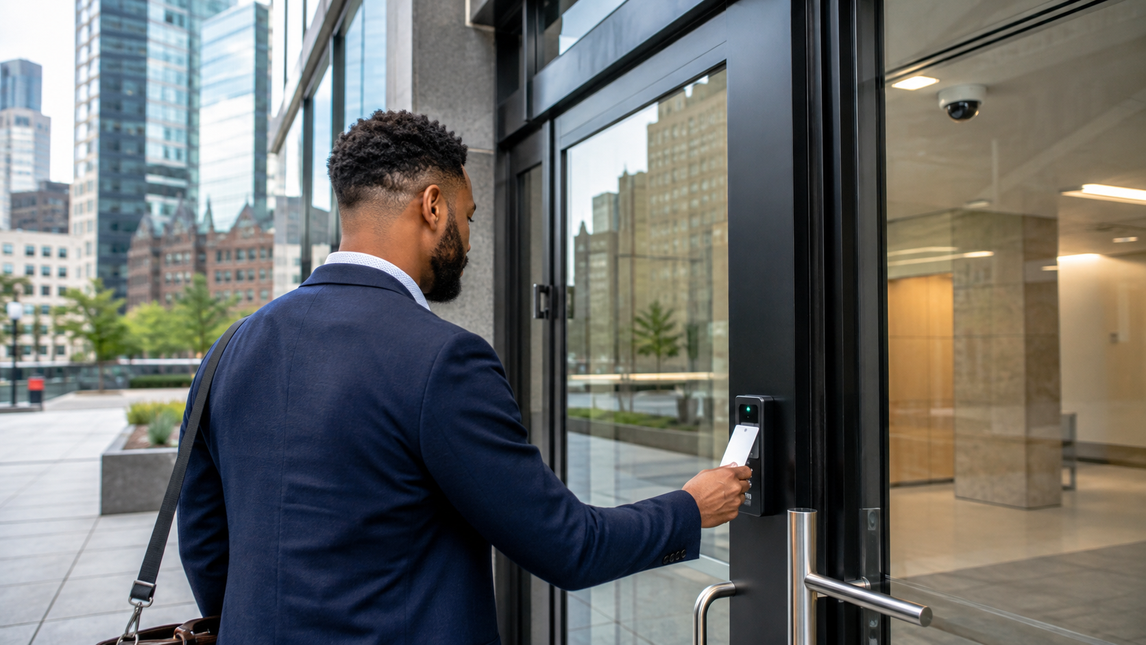 Employee Using Key Card at Secure Office Entrance