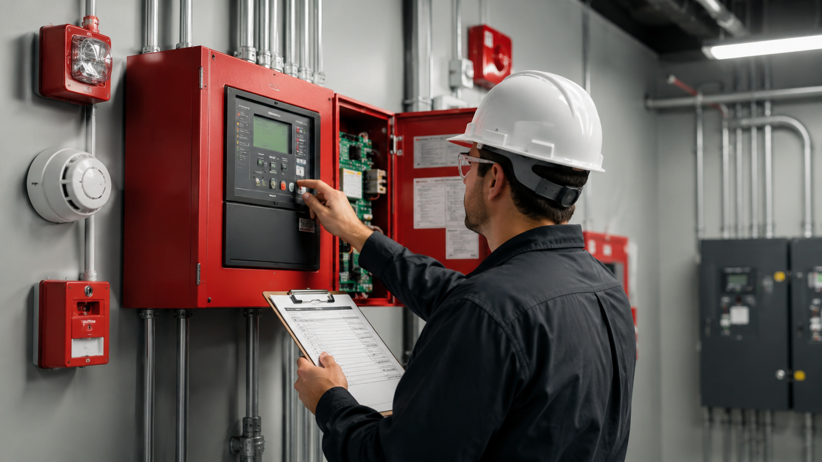Certified Technician Inspecting UL Listed Fire Alarm System