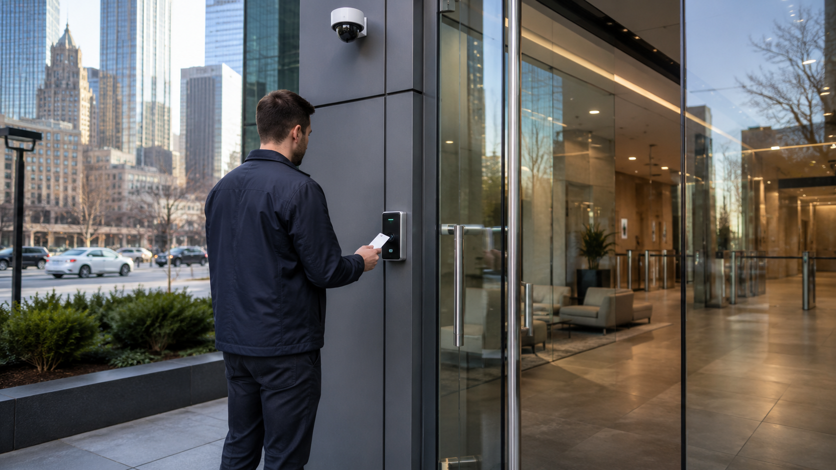 Employee Using Key Card Access System