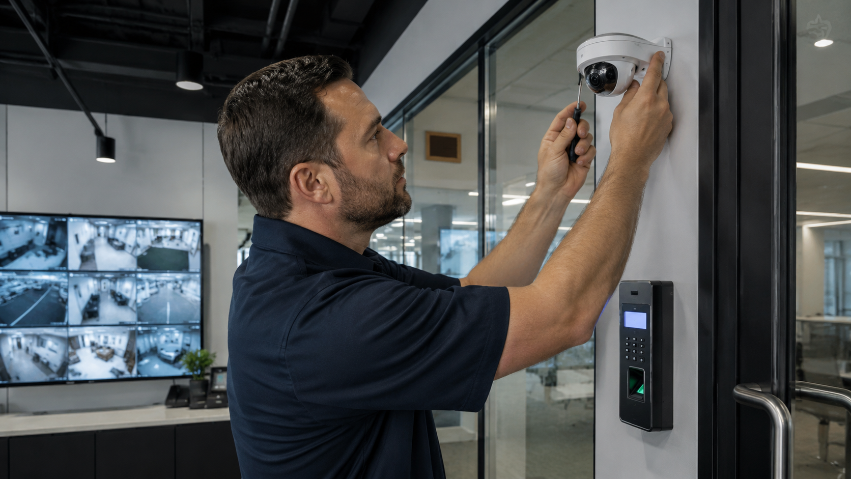 Technician Installing Access Control and CCTV System