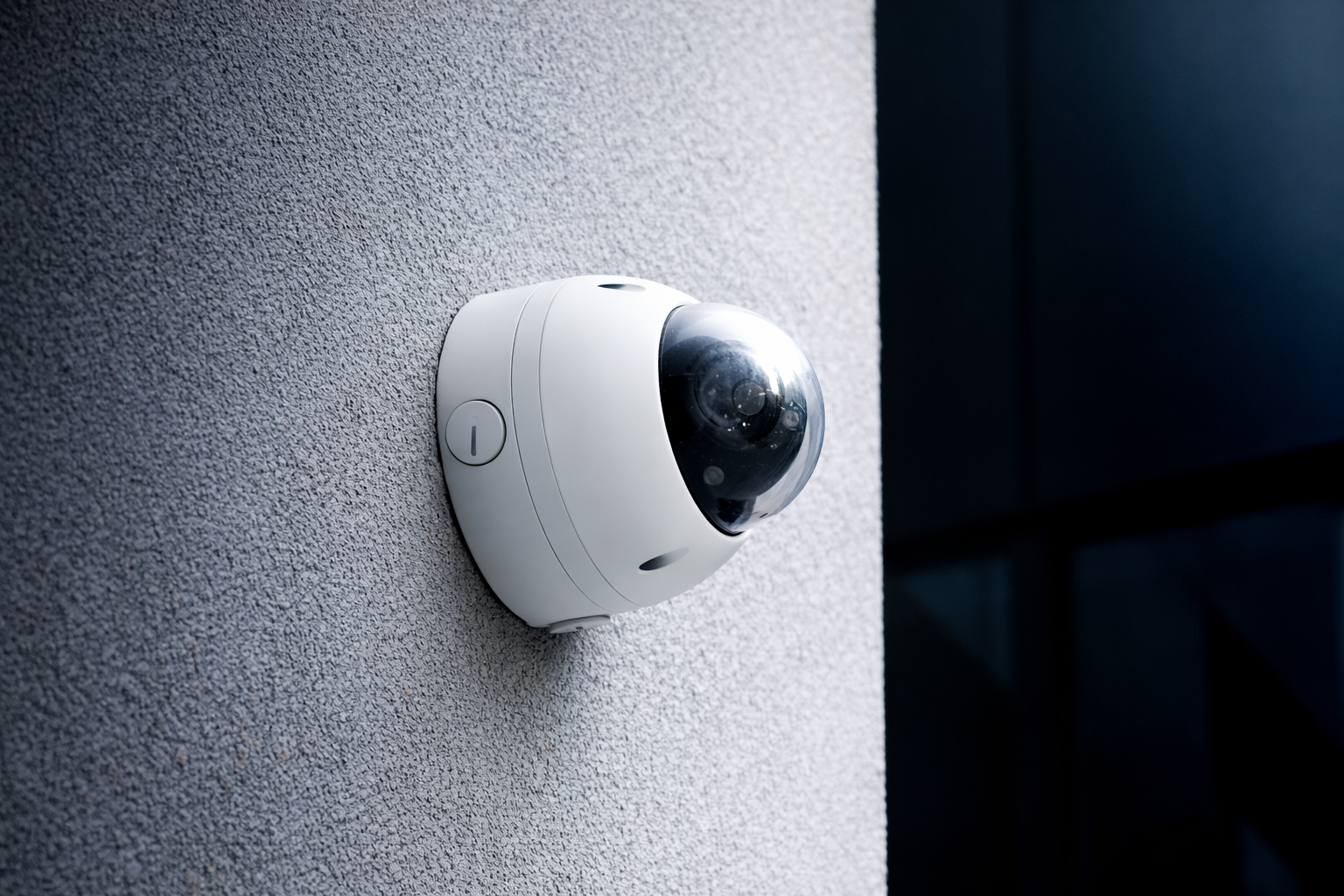 White dome security camera mounted on a modern commercial building wall in an urban setting